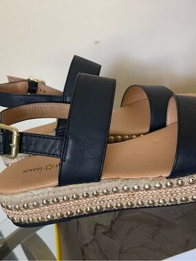 Seven Dials Black Leather Studded Espadrille Sandals